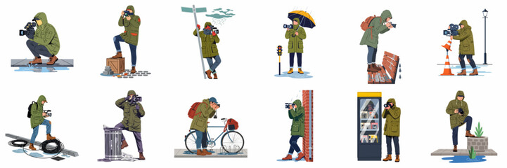Set of vector illustrations featuring photographers and videographers working in various urban environments during rainy weather conditions. © ValentinaRestrepo
