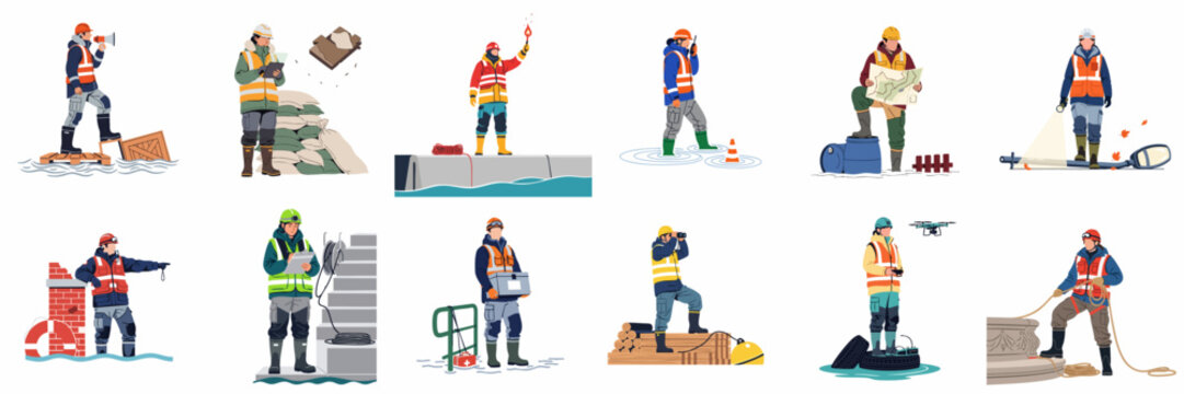 Flat vector illustration set of emergency rescue workers and first responders managing disaster relief operations during floods and major storms.