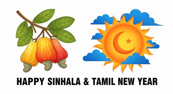 Happy Sinhala and Tamil New Year Greeting with Cashew Fruit Branch and Sun Moon Symbol, Sri Lankan Festival Illustration