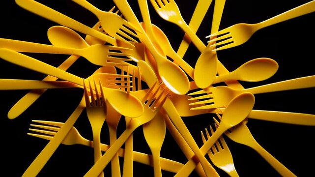 Bright Yellow Plastic Utensils Arranged Radiantly Under Studio Lighting For Artistic Effect
