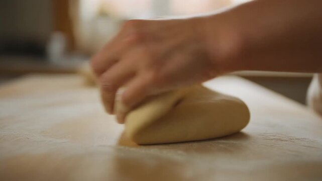 Close-up of skilled hands rhythmically kneading a soft, golden dough on a rustic wooden surface, preparing it for baking delicious homemade bread or pastries with traditional care and passion