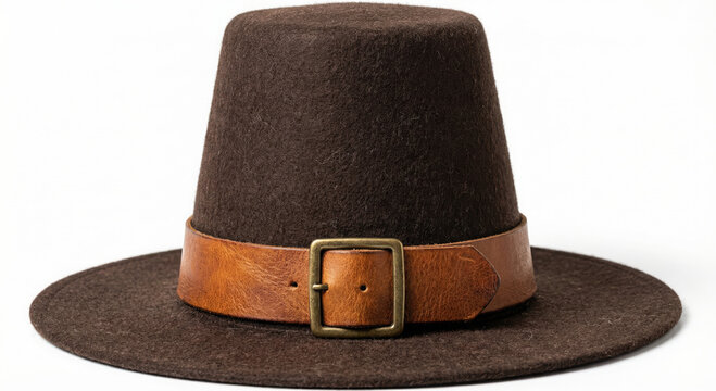 Brown Pilgrim Hat with Leather Band and Buckle Isolated colonial historical