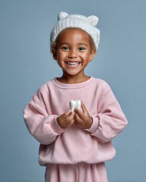 gerl with a tooth fairy costume holding a lost tooth, cute and imaginative, pediatric theme