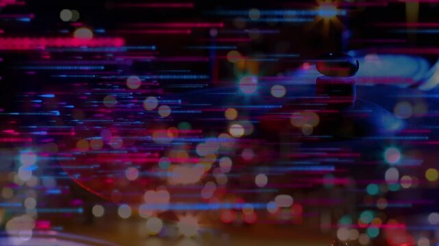 Animation of social media icons and numbers over out of focus city and traffic lights