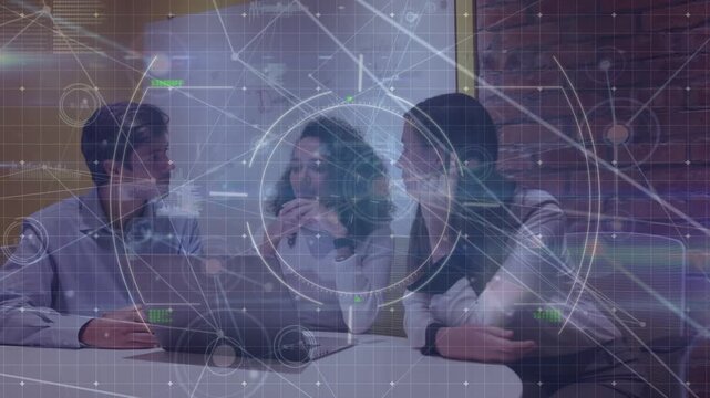 Dots connecting with lines, rotating circles over multiracial coworkers discussing in meeting room