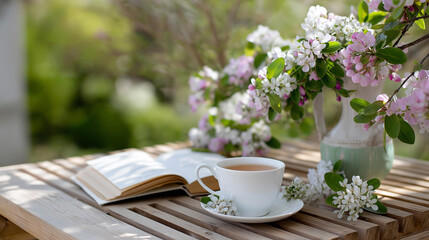 Naklejka premium Peaceful garden setting with an open journal and cup of tea on a wooden bench in natural floral tones, serene Easter spring morning, mindful lifestyle concept, with copy space