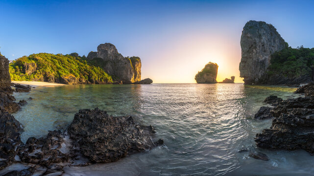 sunset at tropical beach nui beach on ko phi phi in the andaman sea in thailand