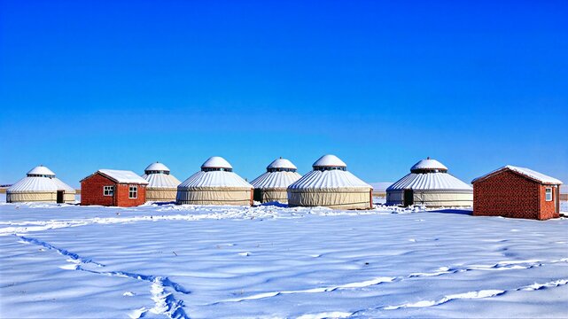 Yurts And Red Brick Houses On Snowfield