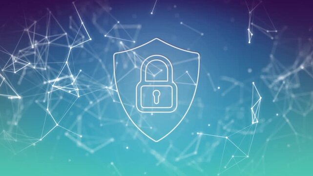 Animation of padlock icon over network of connections on blue background