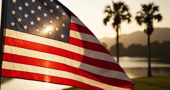American flag backlit by golden sunset with tropical palm trees