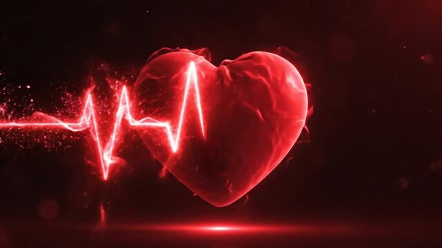 Abstract red heart animation revealing a pulsing heartbeat with particles against a dark background, medical concept