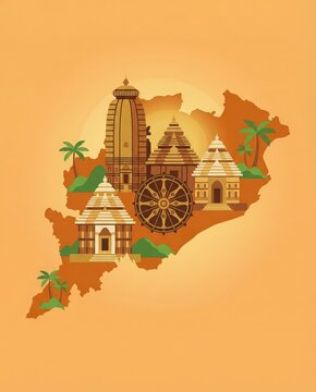 Illustration of Odisha iconic symbols in map for odisha day celebration.
