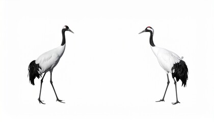 Obraz premium Pair of cranes walking in opposite directions on white background