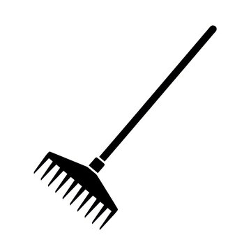 Black gardening rake with long handle and metal tines for yard maintenance and outdoor cleanup.