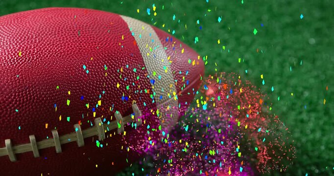 Animation of blasting multicolored confetti and abstract pattern over rugby ball on green field