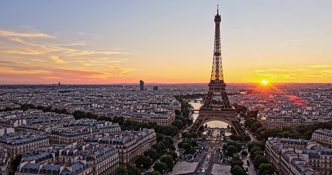 Eiffel Tower and Paris cityscape at golden sunset