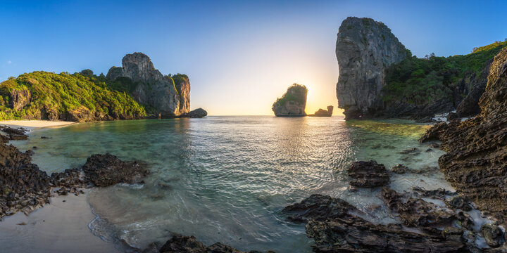 sunset at tropical beach nui beach on ko phi phi in the andaman sea in thailand