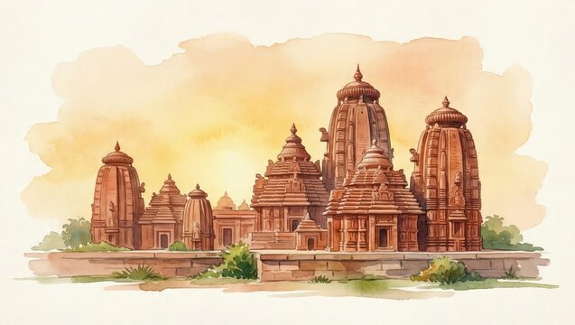 Odisha day watercolor card illustration with iconic temple.