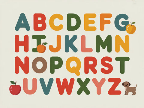 colorful alphabet chart with playful puppy illustration