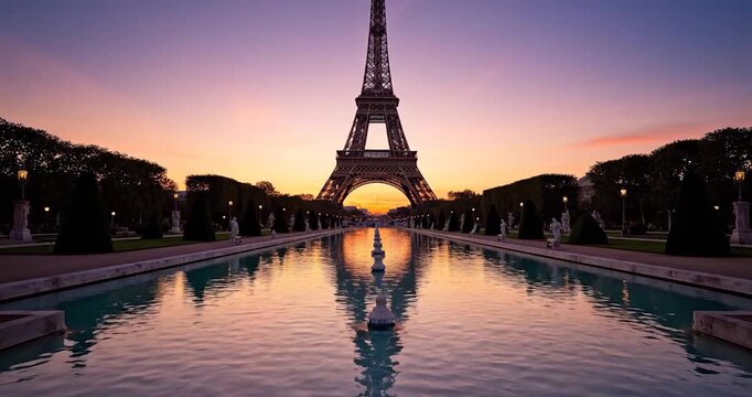 Iconic Eiffel Tower at sunset from an open window