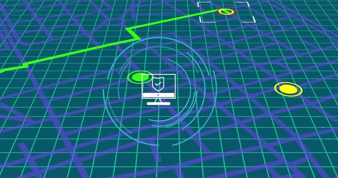 Composition of network of connected white envelope icons over rotating icons over grid on black
