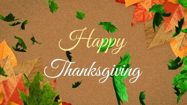 Animation of happy thanksgiving text banner and autumn leaves floating against brown background