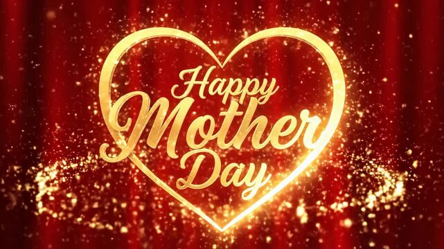 Happy Mother Day text in golden heart on red curtain