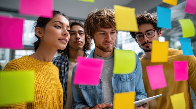 Brainstorming Session: A team of diverse professionals gathers around a collaborative workspace, ideas and notes coming to life on colorful sticky notes.
