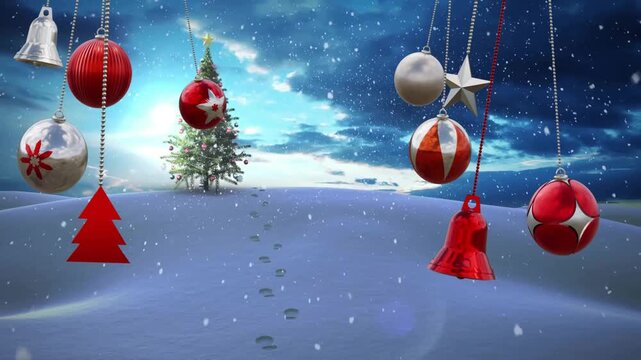 Animation of christmas decorations over christmas tree