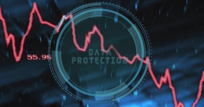 Red financial graph and data points over futuristic blue digital background