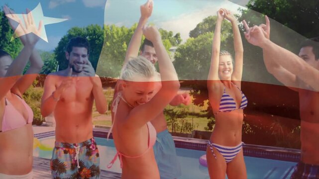 Dancing by pool, friends celebrating with Puerto Rican flag animation overlay