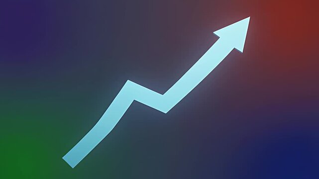 Business growth arrow flying upward, smooth morphing motion, gradient backdrop