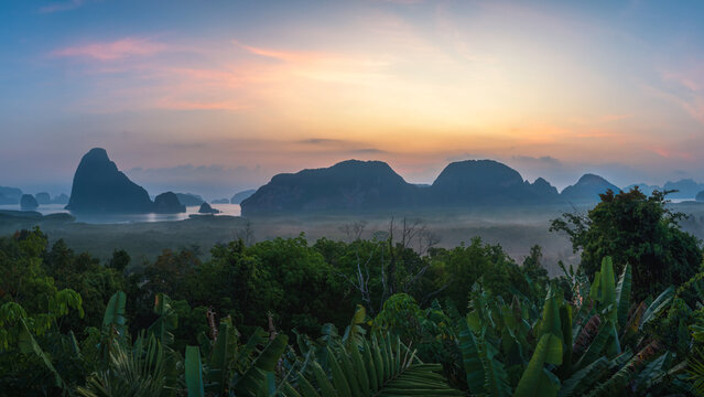 tropical islands in the phang nga bay from samet nangshe viewpoint at sunset in krabi in thailand