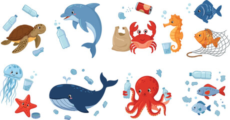 Ocean Animals and Plastic Pollution Awareness Vector Illustration Set Featuring Dolphin Turtle Crab Octopus Whale Fish and Marine Life with Trash © MstRoysha