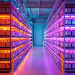 Obraz premium A brightly lit data center with rows of battery storage units, showcasing a blend of orange and purple lighting in a modern industrial setting.