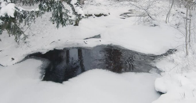 Peaceful, wintry scene, with open patch of water in a frozen river, Siltakoski rapids, Myllykyl&auml;, Finland, Europe.