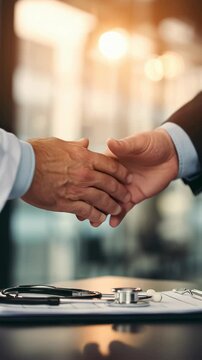 Close-up of two business professionals shaking hands in office environment.