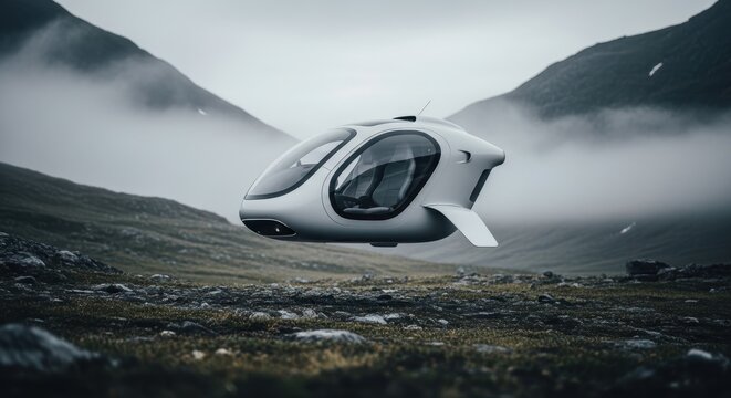 Personal Flight Drone,  Architectural photography of a minimalist, one-seater personal flight drone (VTOL) capsule. Soft-Tech aesthetic,  future personal flight.