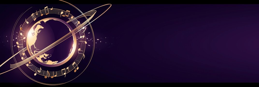 Global music concept background with a stylized globe, golden musical notes, circular staff lines, starry dark purple backdrop, perfect for wide banners, concert promotions, and world music event