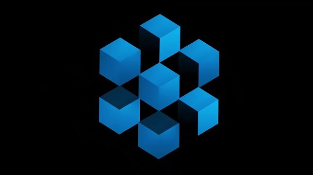Blue 3D cubes forming an abstract geometric pattern on a dark background, representing data, technology, or interconnected systems.