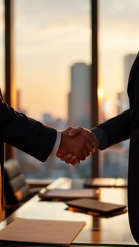Business professionals shaking hands in office with city skyline at sunset.