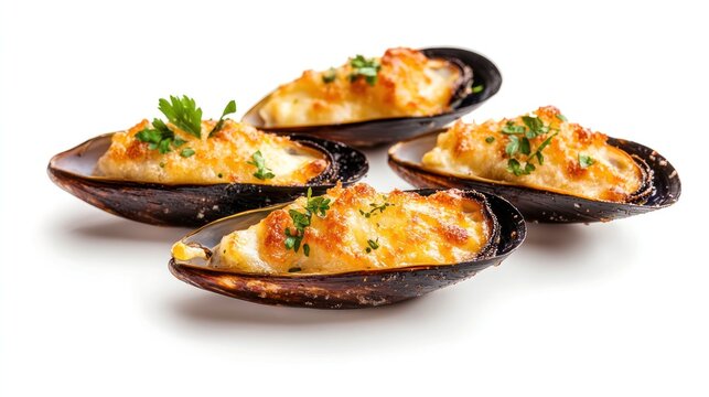 Baked Mussels with Parsley Garnish: A gourmet dish of baked mussels, showcasing the exquisite blend of textures and flavors with each mussel garnished with fresh parsley.