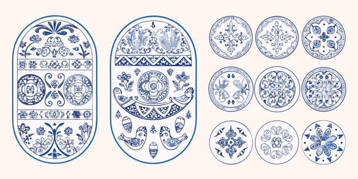 Collection of blue and white decorated pysanky easter egg designs