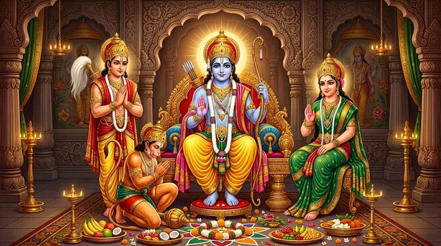 Lord Rama with Sita, Lakshmana, and Hanuman Devotional Temple Illustration