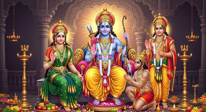 Lord Rama with Sita, Lakshmana, and Hanuman Devotional Temple Illustration