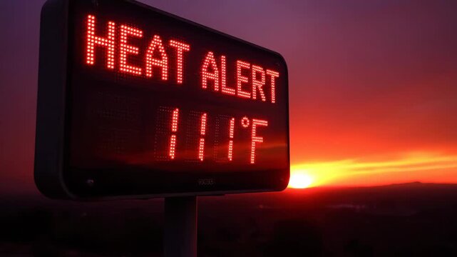 Heat alert sign glowing in sunset, warning of high temperatures.