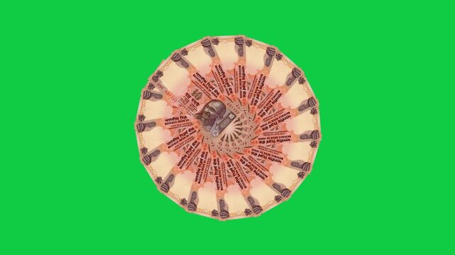 10 Rupee Indian note rotation with green screen background