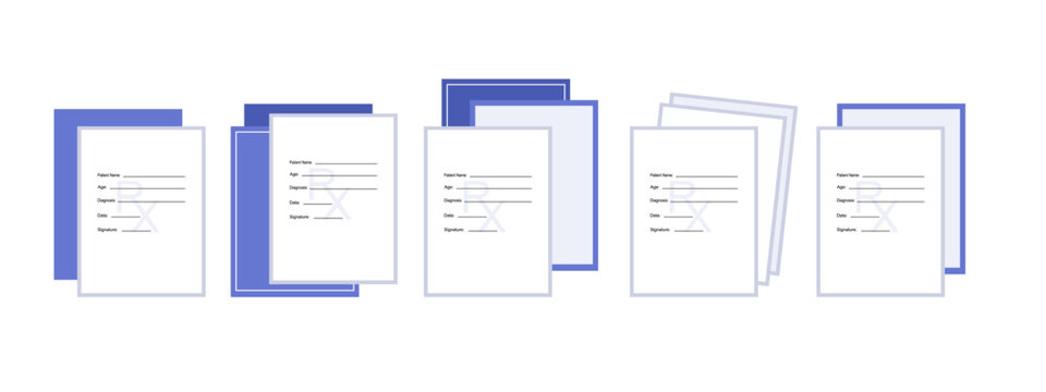 Set of medical prescription form template with Rx symbol, patient information fields. Healthcare document layout with lines for patient name, age, diagnosis, date, signature. Prescription healthcare.