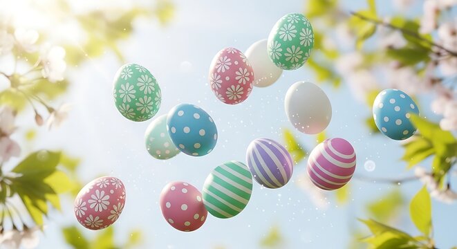 Decorated easter eggs floating against a sunny sky springtime background