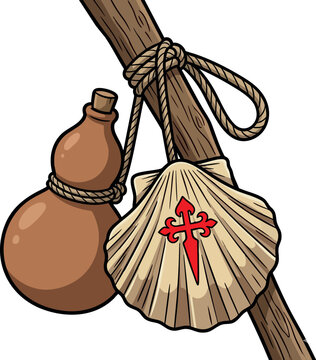 Camino de Santiago pilgrim staff with gourd and scallop shell. vieira, calabaza y bast&oacute;n